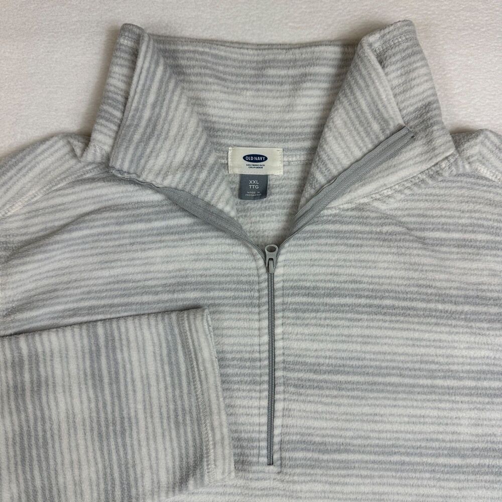 Old Navy Fleece Sweater Womens XXL Gray White Striped 1/4 Zip Pullover High Neck